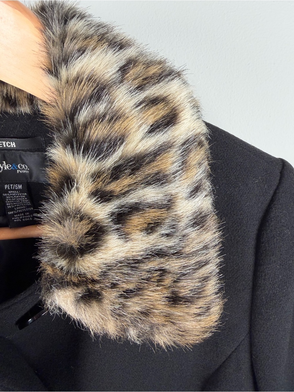 Style &Co Petite Small Pea Coat with Leopard-Print Faux Fur Trim Y2K Mobwife - Picture 4 of 9